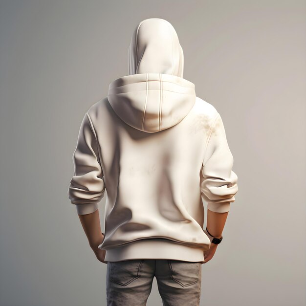 PSD jeune homme à capuche blanche et jeans sur fond gris mock up