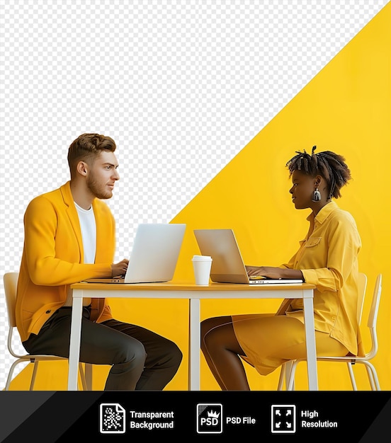 Un jeune homme caucasien adulte et une femme mulatte avec du café travaillant sur des ordinateurs portables assis l'un en face de l'autre à la table dans le bureau png psd