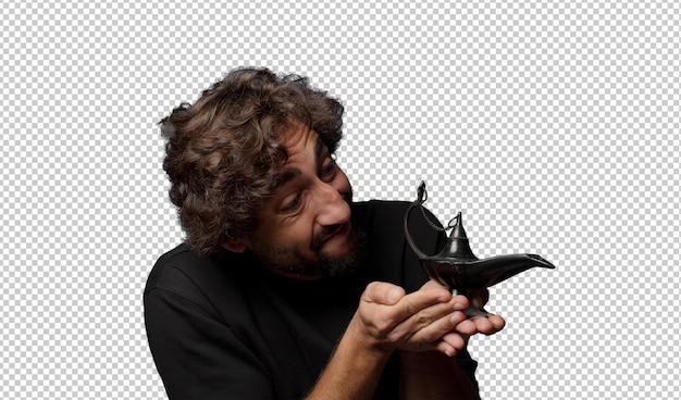 Un jeune homme fou barbu avec une lampe géniale.