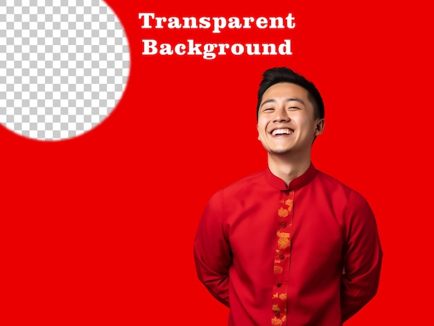 PSD jeune homme heureux en chemise chinoise fond rouge transparent