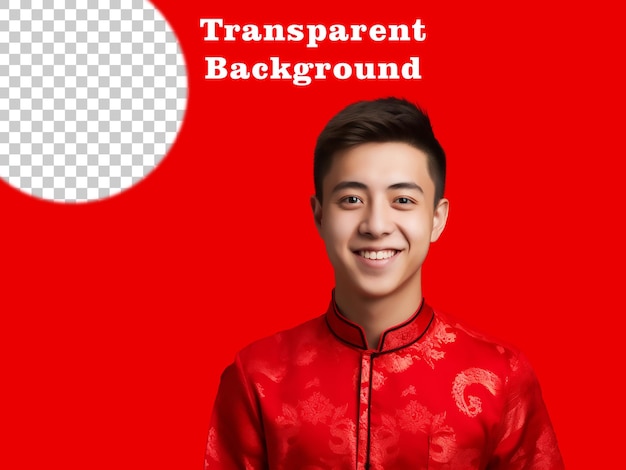 PSD jeune homme heureux en chemise chinoise fond rouge transparent