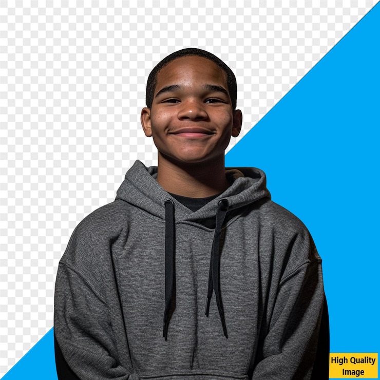 PSD un jeune homme heureux souriant dans un capuchon gris