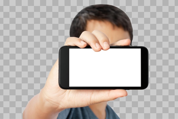 Jeune homme montrant l'écran du smartphone vierge