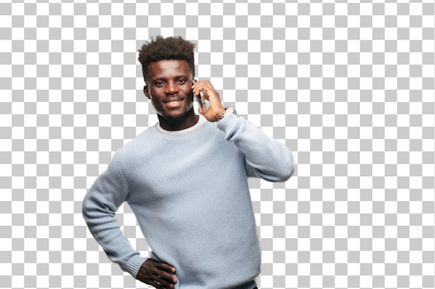 PSD jeune homme noir à l'aide d'un téléphone mobile intelligent
