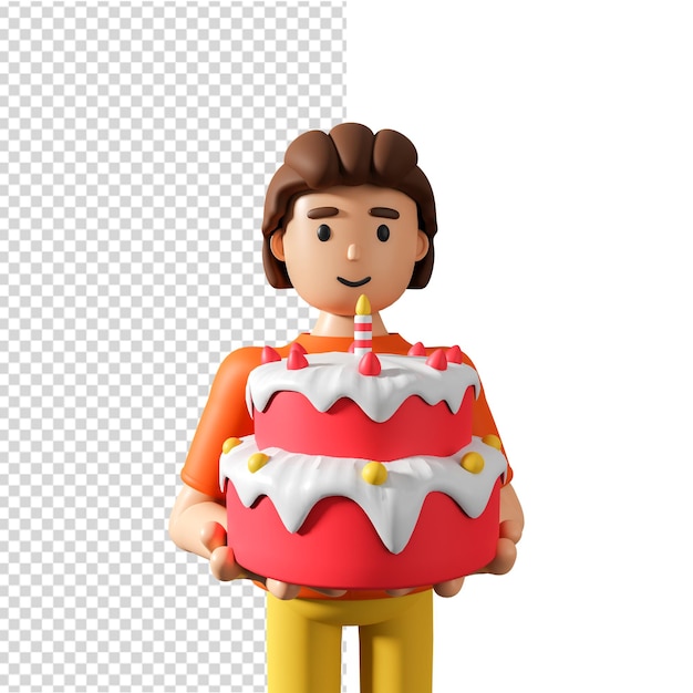 PSD jeune homme personnage 3d tenant un gâteau d'anniversaire à deux étages avec bougie et fruits