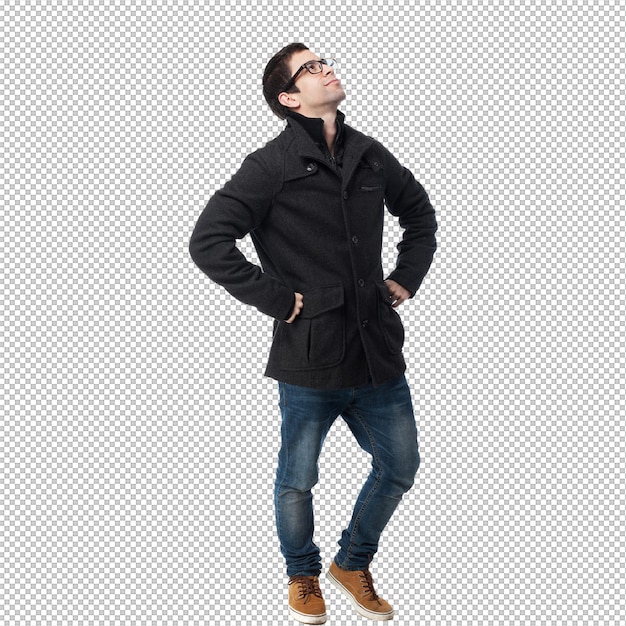 Un jeune homme plein de corps regardant vers le haut sur un fond blanc.