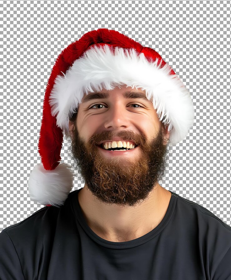 PSD jeune homme portant un chapeau de père noël isolé sur un fond transparent