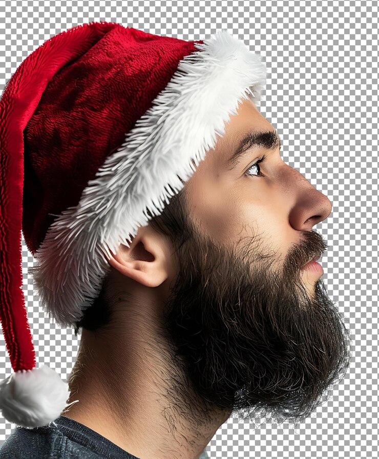 PSD jeune homme portant un chapeau de père noël isolé sur un fond transparent