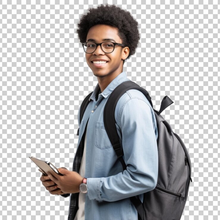 PSD un jeune homme portant des lunettes et un sac à dos avec un sac à doigts noir