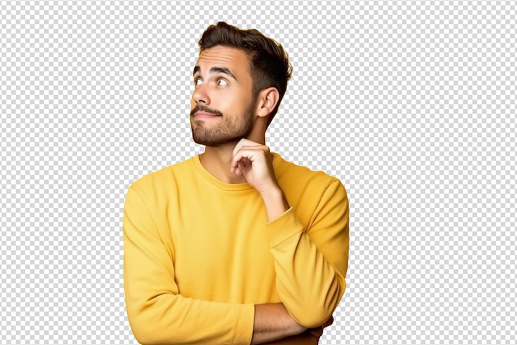 PSD jeune homme sérieux pensant isolé isolé sur un fond transparent
