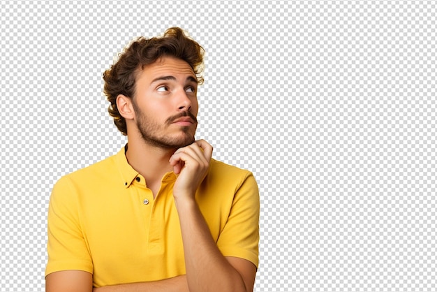 Jeune homme sérieux pensant isolé isolé sur un fond transparent