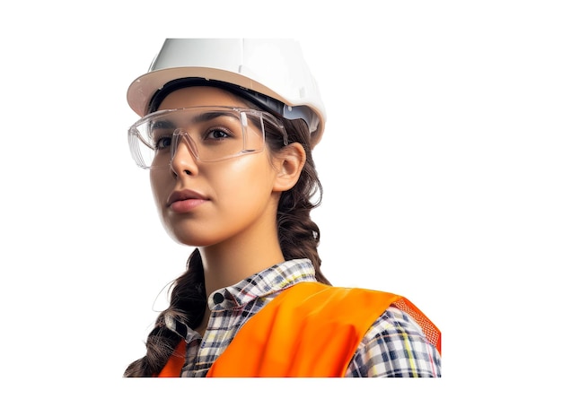 PSD jeune ingénieure de chantier avec un gilet de sécurité et un casque