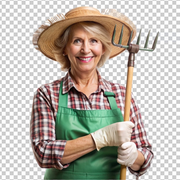 PSD jeune jardinière slave souriante portant un chapeau de jardinage faisant un signe ok et tenant un râteau sur le vert