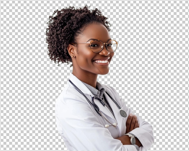 PSD une jeune médecin heureuse avec les bras croisés souriant avec confiance représentée en vue latérale sur un fond blanc