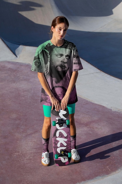 Jeune personne avec des vêtements frais tenant un skateboard à l'extérieur