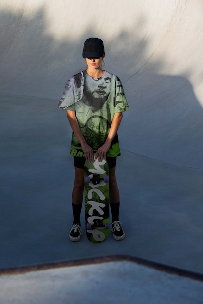 Jeune personne avec des vêtements frais tenant un skateboard à l'extérieur