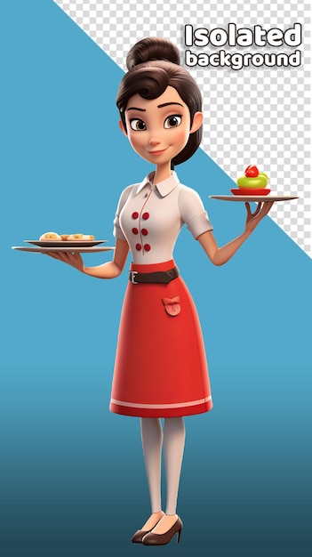 jeune serveuse avec plateau personnage 3D fond isolé
