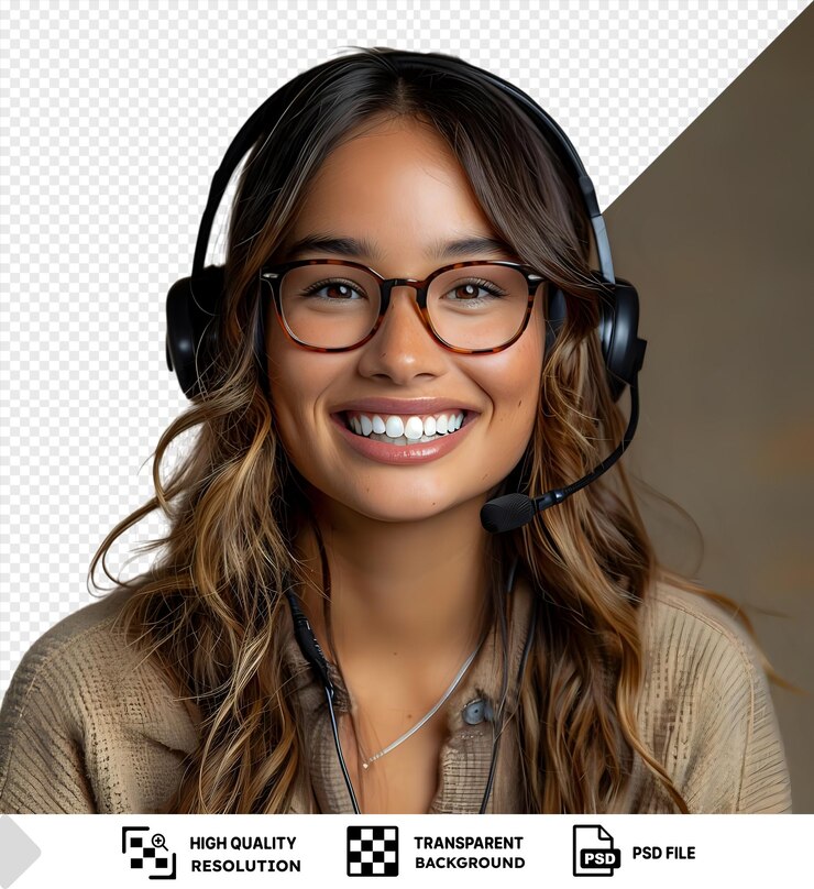 PSD une jeune et souriante femme de télémarché portant des écouteurs noirs et une chemise brune avec des lunettes brunes
