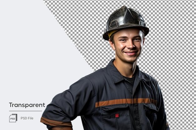 Jeune Travailleur Homme En Uniforme Avec Chapeau De Sécurité Symbolique De La Main-d'œuvre Avec Accent Sur La Sécurité