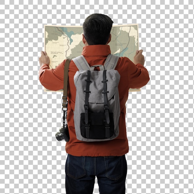 PSD un jeune voyageur avec un sac à dos à l'air cherchant la direction sur la carte de l'emplacement fond transparent png aventure et voyage dans la région des montagnes concept