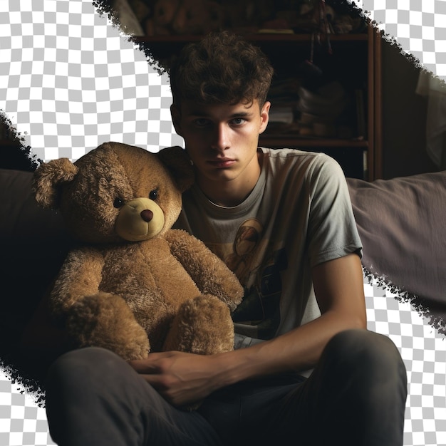 PSD jeunes assis à la maison avec un ours en peluche
