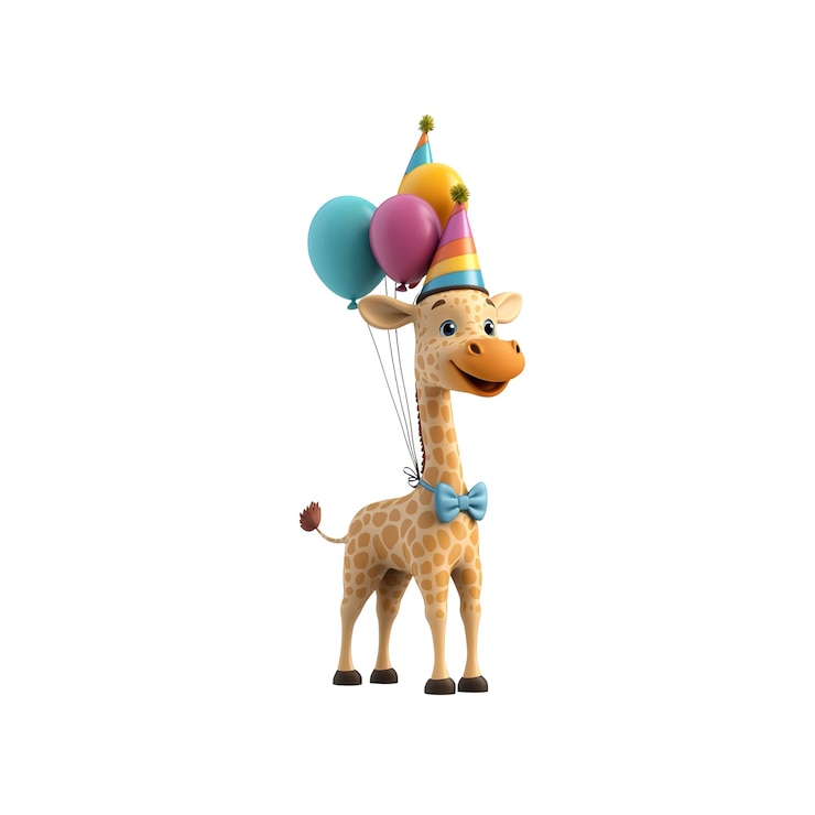 PSD jirafa alegre con globos y sombrero de fiesta para celebraciones de cumpleaños