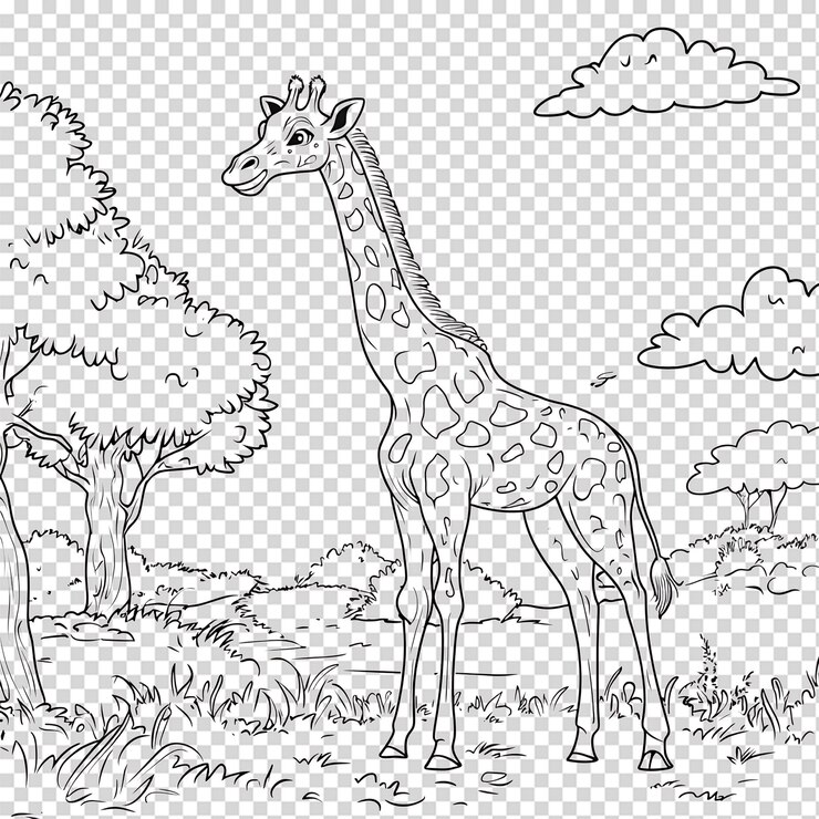 PSD la jirafa en el arte de la línea de la sabana africana