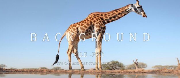 Una jirafa está bebiendo en un charco de agua poco profundo