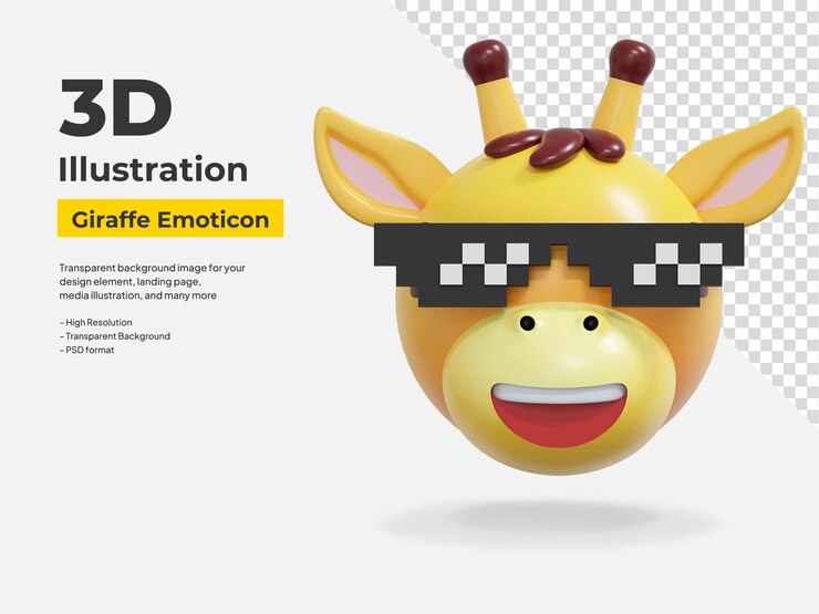 PSD jirafa con gafas de píxeles emoticon pegatina expresión ilustración en 3d