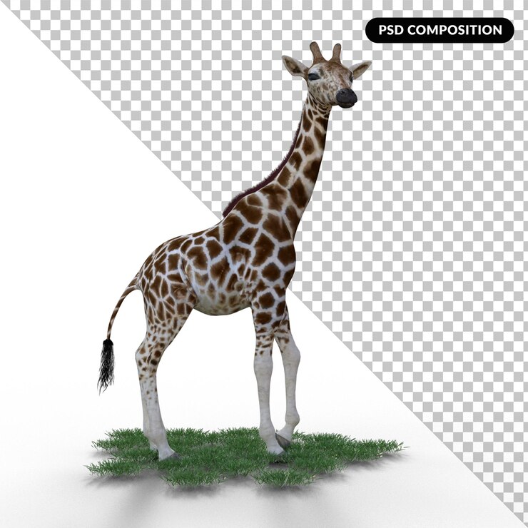PSD jirafa con hierba aislada renderización 3d