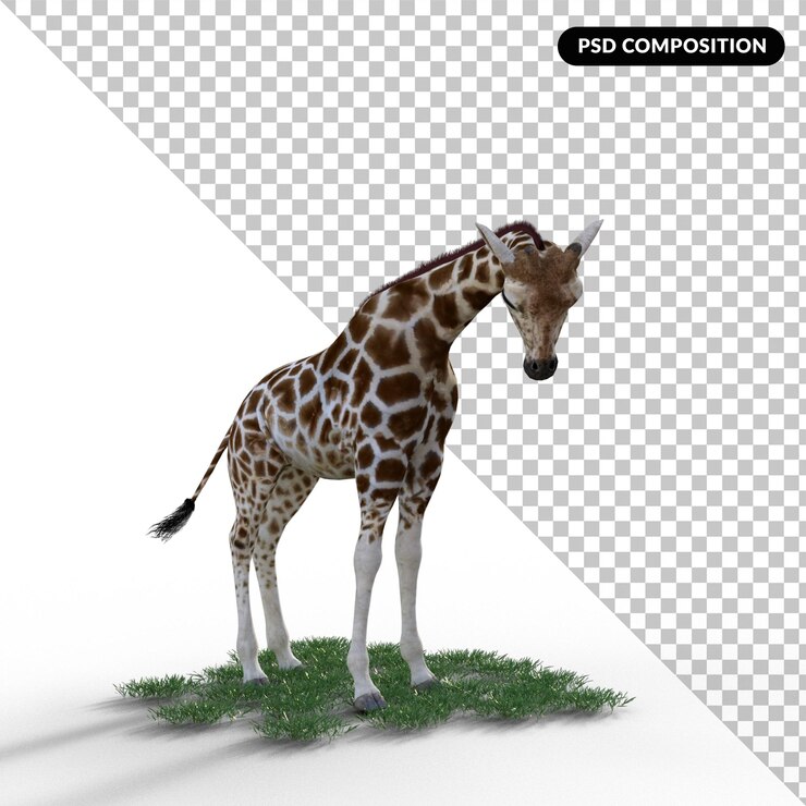 PSD jirafa con hierba aislada renderización 3d