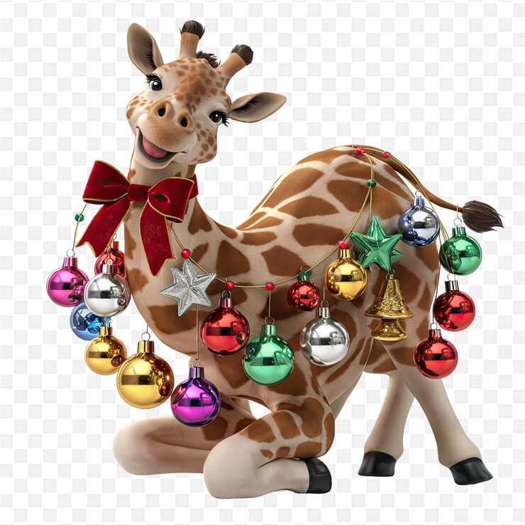 PSD una jirafa con un pajarito en el cuello está decorada con adornos de navidad