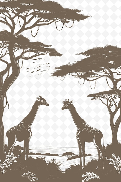PSD jirafas en un bosque con árboles y un fondo de cielo