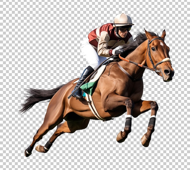 PSD jockey montando un caballo aislado en un fondo transparente