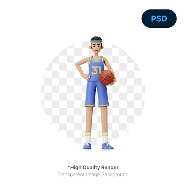 Jogador de basquete em pé segurando uma ilustração de personagem 3d de bola de basquete psd