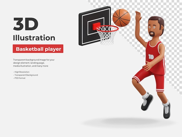 PSD jogador de basquete pulando para fazer uma pontuação ilustração dos desenhos animados 3d