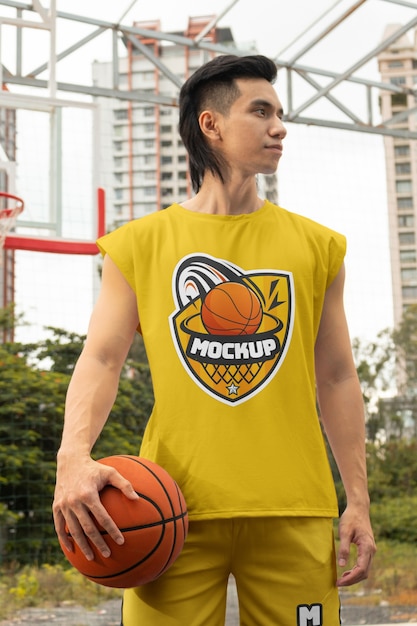 Jogador de basquete usando design de mock-up de camisa ao ar livre na quadra