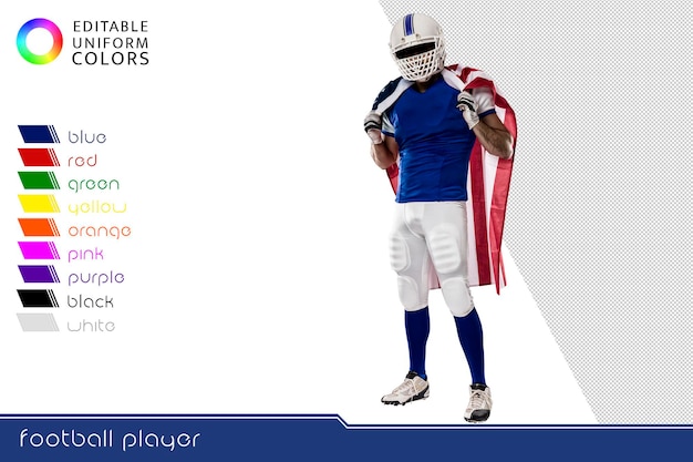 Jogador de futebol americano com vários uniformes coloridos