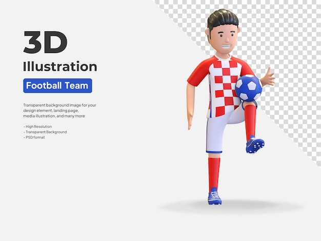 Jogador de futebol da croácia, homem, malabarismo, bola, 3d, render ilustração