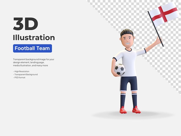 Jogador de futebol nacional da inglaterra, segurando uma bola e a bandeira do país, ilustração 3d render