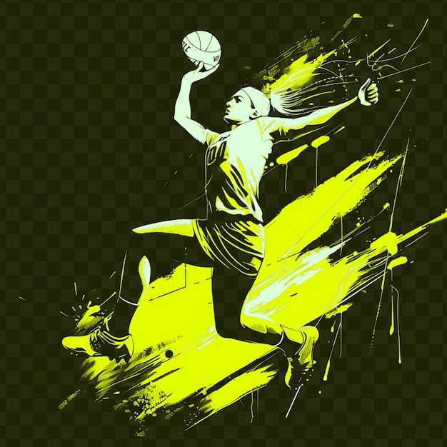 PSD jogador de netball atirando bola com postura controlada com t-shirt de dissuasão tinta de tatuagem contorno design cnc