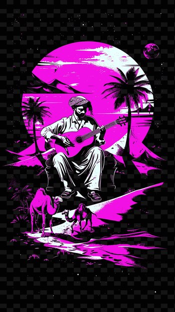 PSD jogador de oud árabe se apresentando em um oásis do deserto com palm tre vector illustration music poster idea