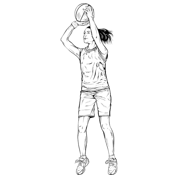 Jogadora de basquete feminina Estilo de gravura de linha vintage Ilustração de silhueta desenhada à mão