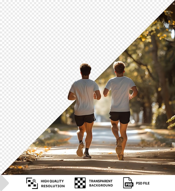 jogging transparente parkour y patinadores en camisas blancas y pantalones cortos negros corren a través de un bosque con un árbol marrón en el fondo png