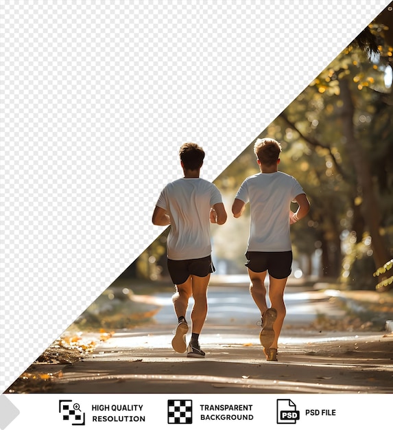 PSD jogging transparente parkour y patinadores en camisas blancas y pantalones cortos negros corren a través de un bosque con un árbol marrón en el fondo png