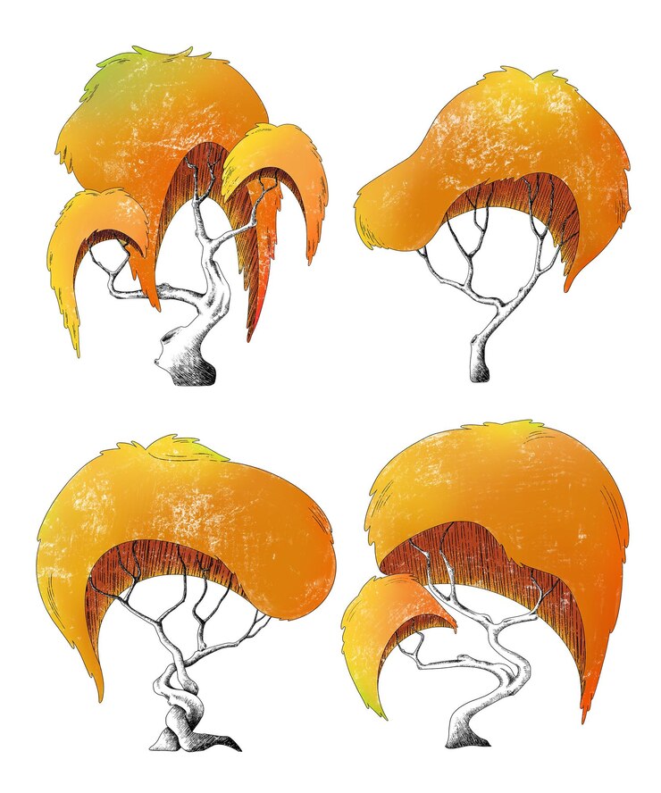 PSD jogo arte fantasia árvores conjunto esboço de mão da natureza primavera isolado em branco