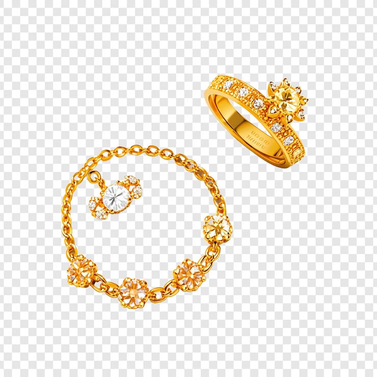 PSD jóias de ouro em um fundo transparente com um anel de diamante e uma coroa