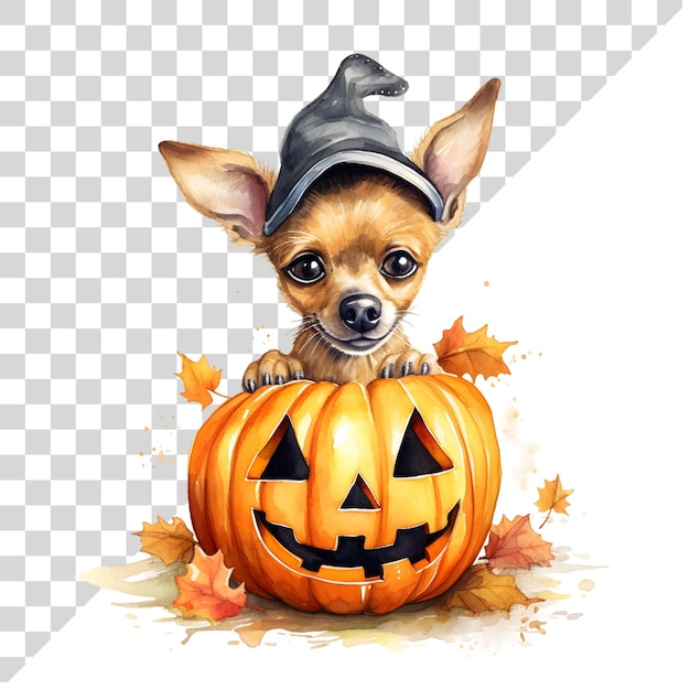 PSD joli chien d'halloween à l'aquarelle de dessin animé avec une citrouille sur un fond transparent