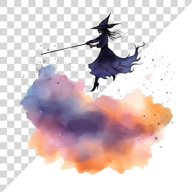 PSD joli dessin animé à l'aquarelle de l'halloween sorcière volante sur un fond transparent