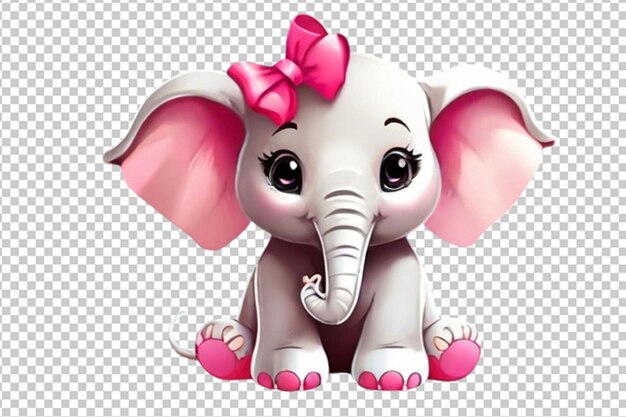 PSD un joli dessin animé d'éléphant avec un arc rose sur fond blanc